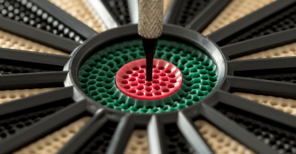 A dart in the bullseye space on a dart board
