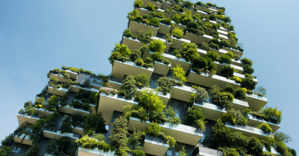 Sustainable building covered in green plants