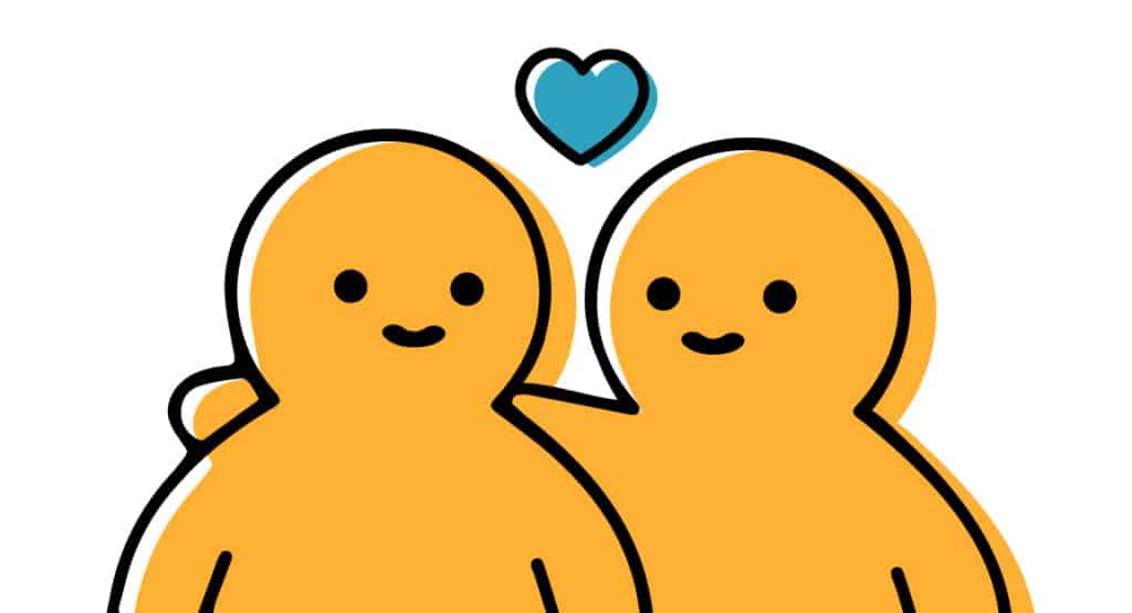 two yellow people arm around shoulder teal heart