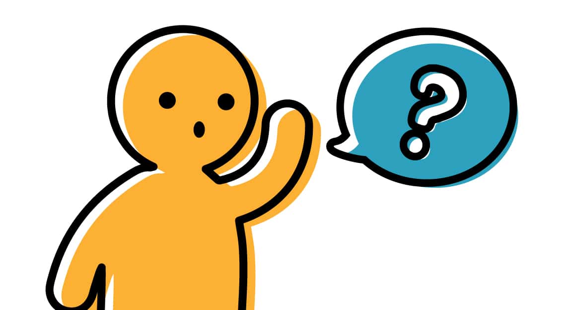 yellow cartoon person with a speech bubble and question mark