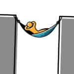 yellow doodle person in a teal hammock between two gray blocks