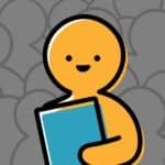 gray background with yellow person and teal book