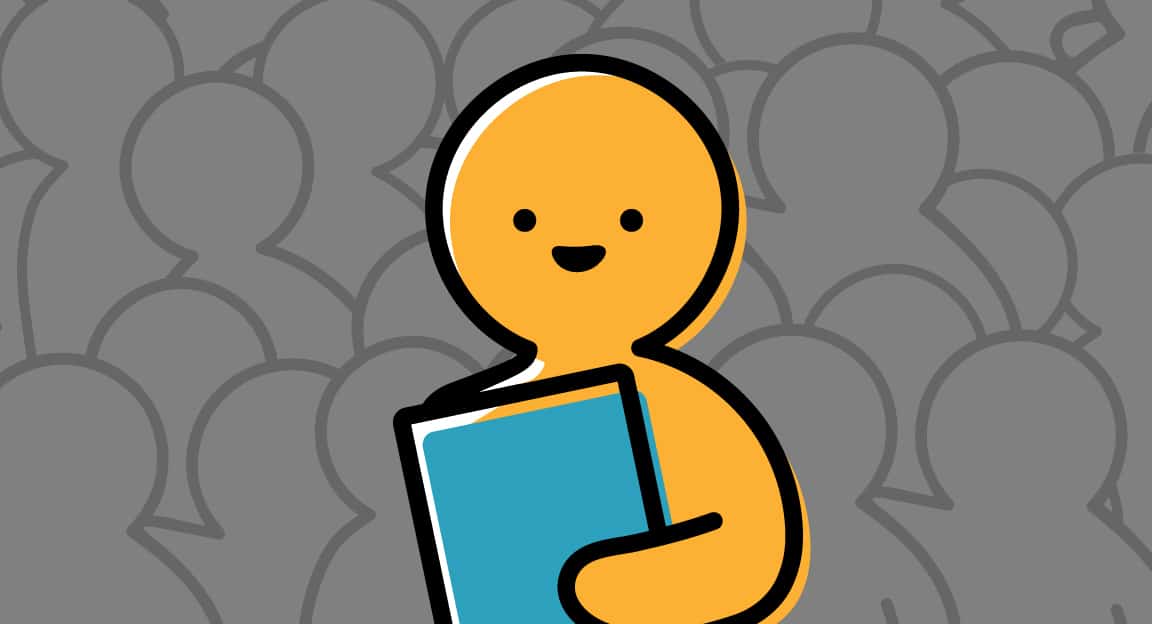 gray background with yellow person and teal book