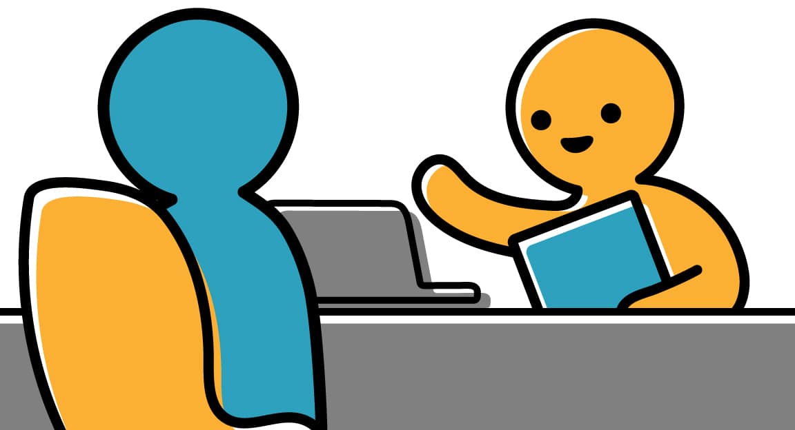 teal and yellow people sitting across from each other at a gray desk