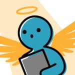 blue angel with yellow wings and grey book or clipboard