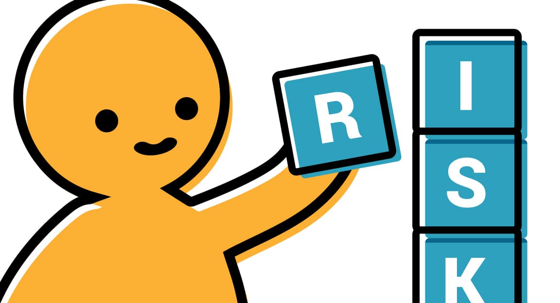 yellow man with teal blocks spelling out risk