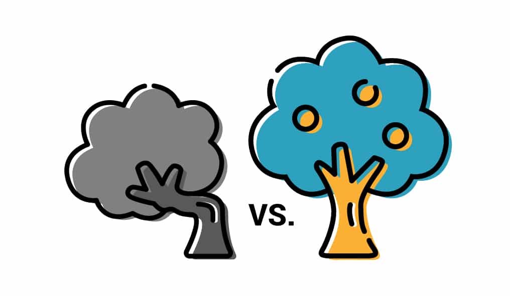 bent gray tree vs colorful healthy tree illustration
