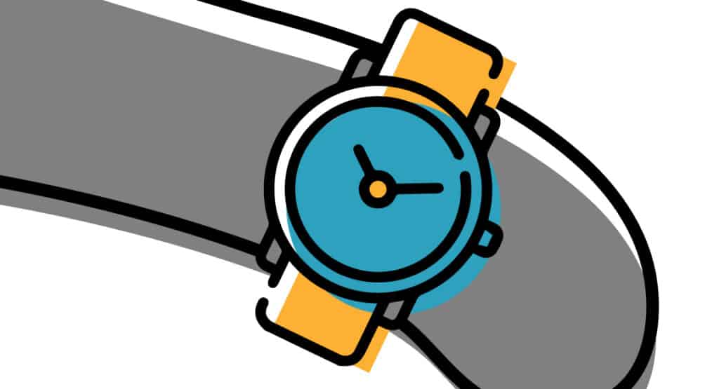 grey arm with a yellow and teal watch