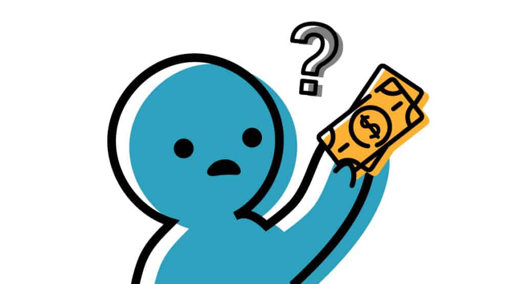 teal person looking at yellow money with gray question mark