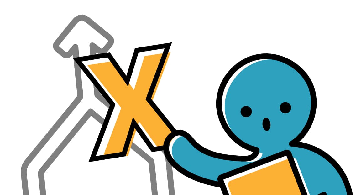 A person pointing to a merging line with an X over it.