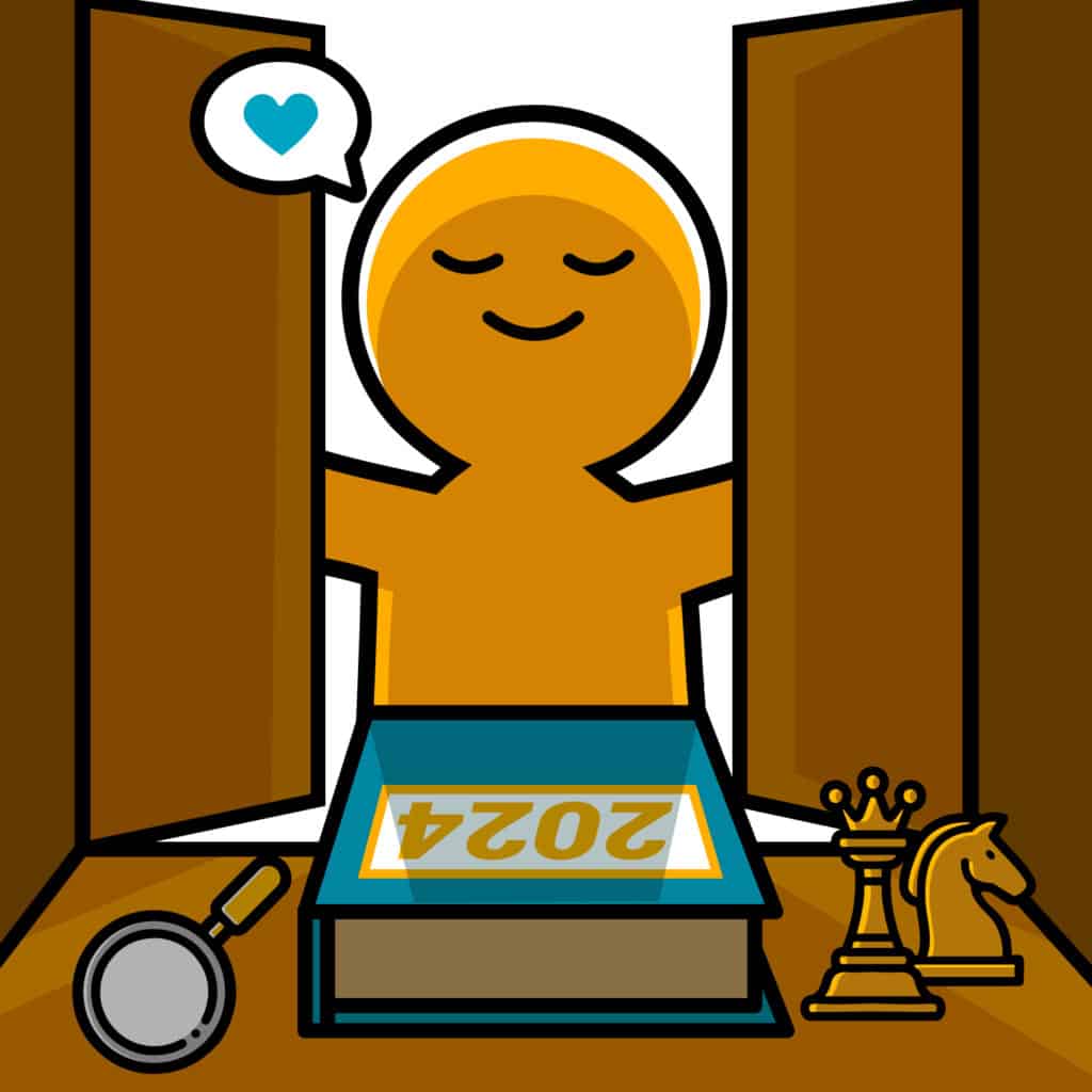 A cartoon graphic of a yellow person closing the door on a book titled 2024.