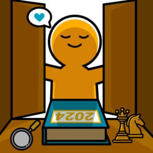 A cartoon graphic of a yellow person closing the door on a book titled 2024.