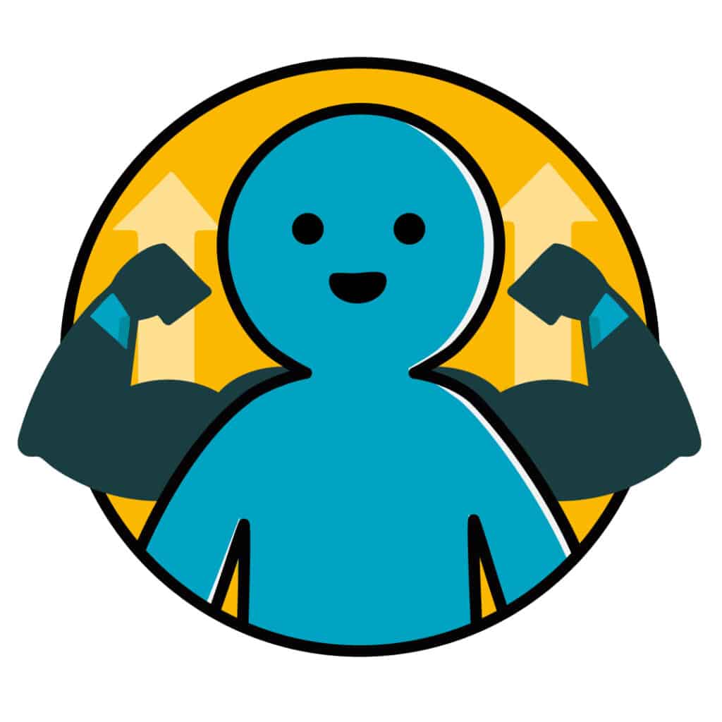 A cartoon graphic of a blue person flexing muscles